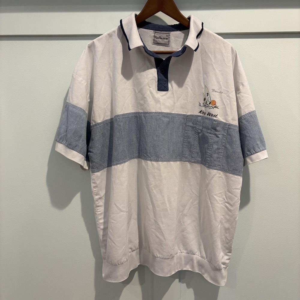 Vtg 80s Hugo Valentino Polo Shirt XL White Chambray Blue Resort Key West Florida